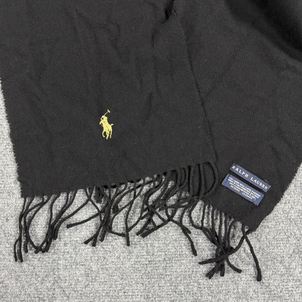 Vintage Polo Ralph Lauren Lambs Wool Scarf Black Tassel Fringe Pony Italy